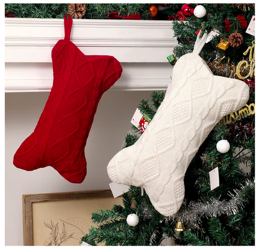 Cable Knit Christmas Stockings Bone Shaped Red White Large for Dogs